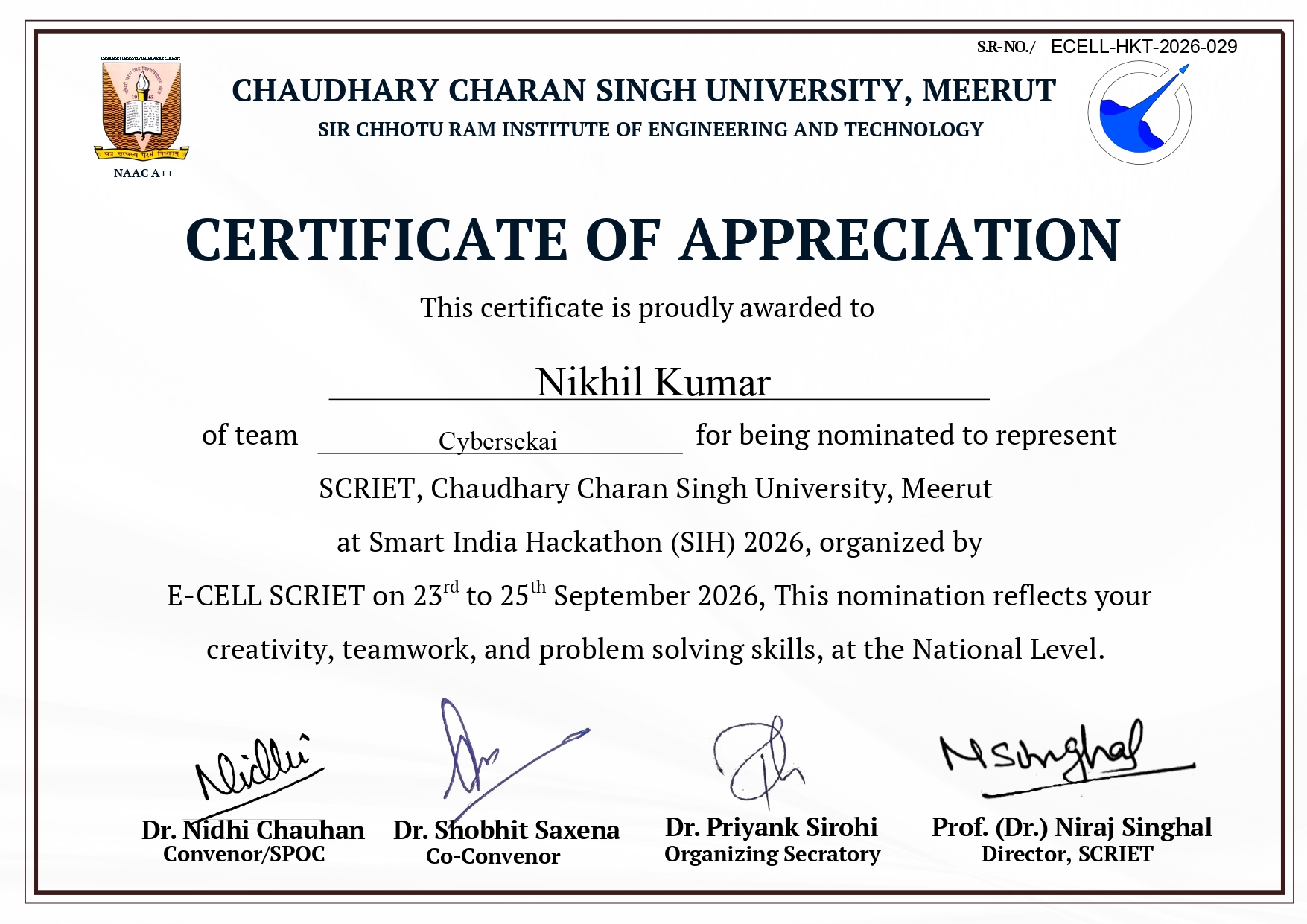 Smart India Hackathon Internal Hackathon Certificate